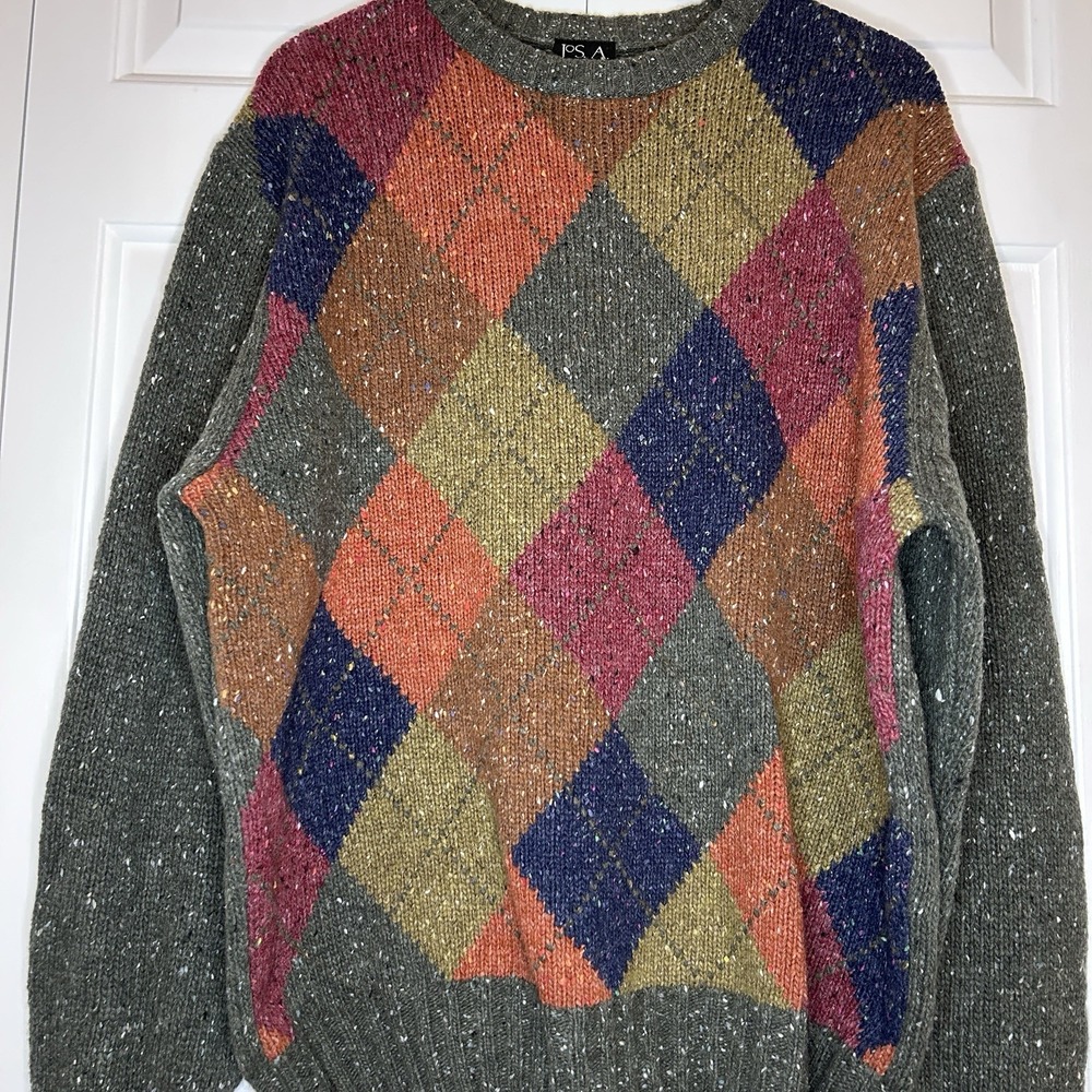 JOS. A. BANK Executive Collection Lambswool Sweater Chunky Colorful Argyle Large